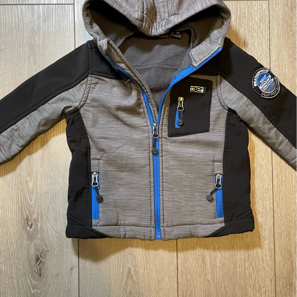 32 Degrees Kids' Grey & Blue Hooded Softshell Jacket Weatherproof Toddler 2T - Picture 2 of 8